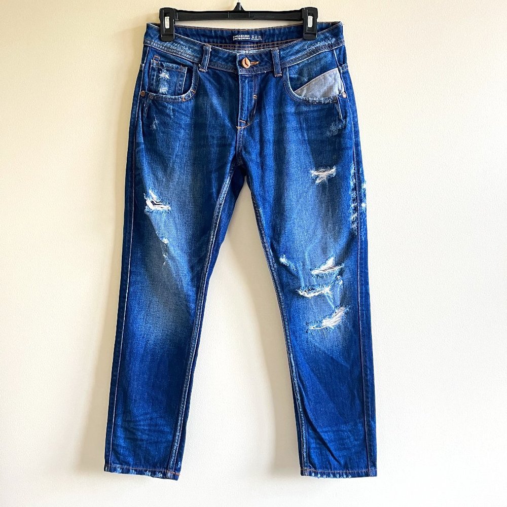 ZARA Basic Z1975 Denim Distressed Straight Leg Low Rise Jeans Womens Size 2 Crop